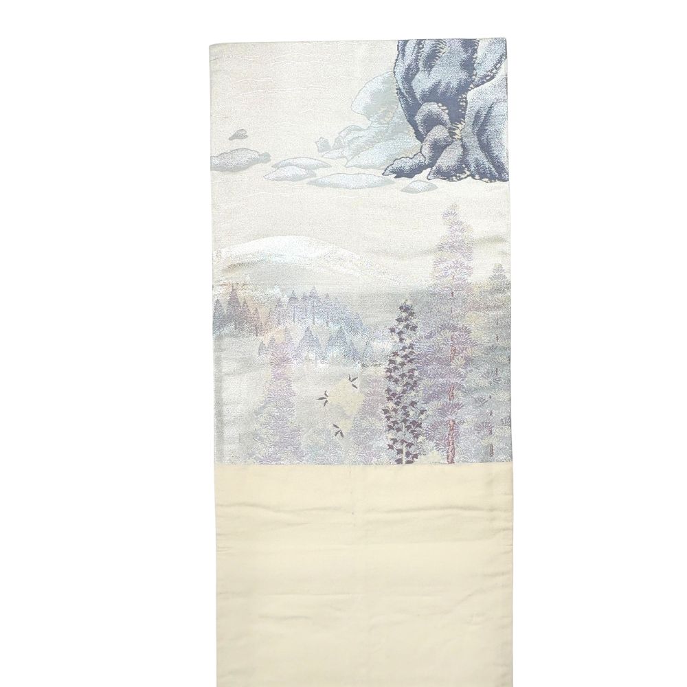 袋帯 六通柄 正絹 リユース 中古 銀地 山水風景文様 遠山に松 k12-024