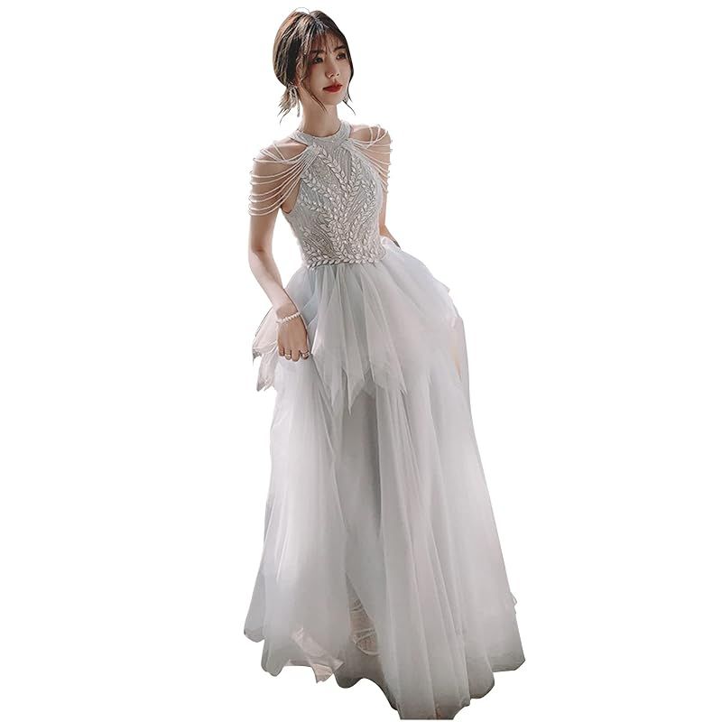 EightSTAR Dress パーティードレス 二次会ドレス 花嫁 発表会 ドレス 大人 ロング丈 チュール レース Aライン ピアノ発表会 イブニングドレス グレー XS