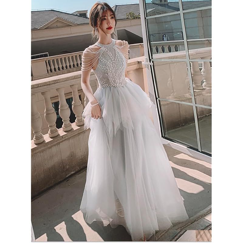  EightSTAR Dress パーティードレス 二次会ドレス 花嫁 発表会 ドレス 大人 ロング丈 チュール レース Aライン ピアノ発表会 イブニングドレス グレー XS ファッション雑貨 ベビー キッズ