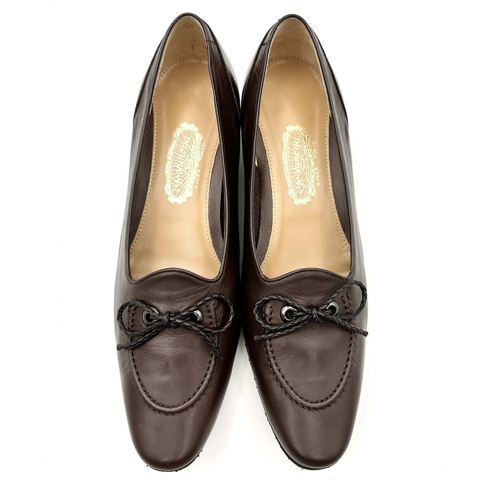 □新品□ 銀座ヨシノヤ パンプス 本革 レザー リボン ブラウン 1093T