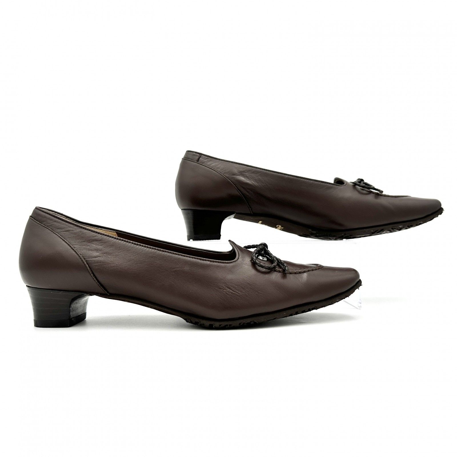 □新品□ 銀座ヨシノヤ パンプス 本革 レザー リボン ブラウン 1093T