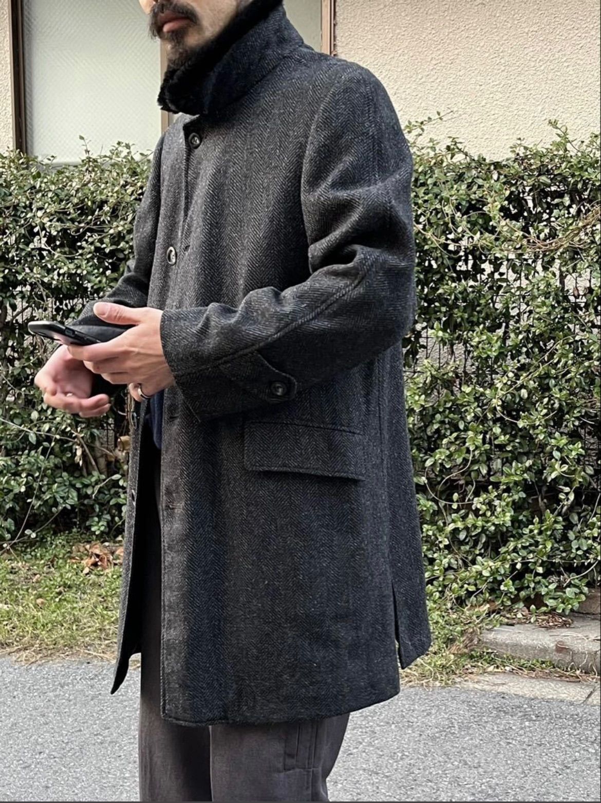 60 s USA ウール コート | グレー ヘリンボーン ファー ビンテージ O 5-12039-9343