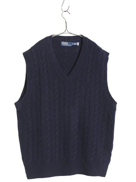 ポロ ラルフローレン Vネック ケーブル ニット ベスト メンズ XL | ウール カシミヤ セーター プルオーバー 大きいサイズ 重ね着 ネイビー