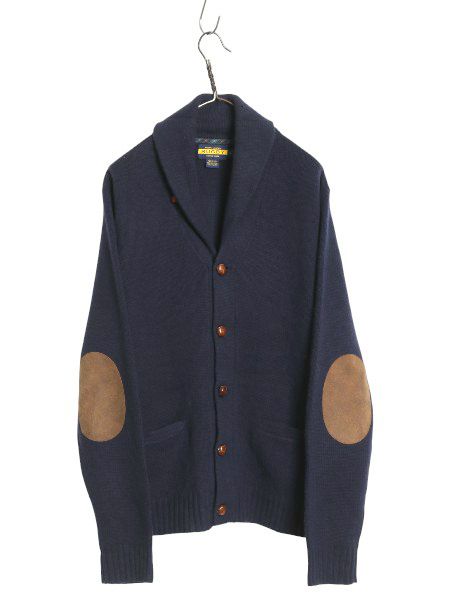 ラグビー ラルフローレン ショールカラー ニット カーディガン メンズ L ポロ ウール セーター リブ編み 本革レザー エルボーパッチ 前開き