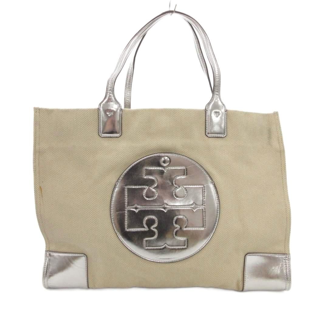 トリーバーチ TORY BURCH トートバッグ キャンバス ベージュ シルバーカラー ロゴプレート メタリックトリム |FF GY 11
