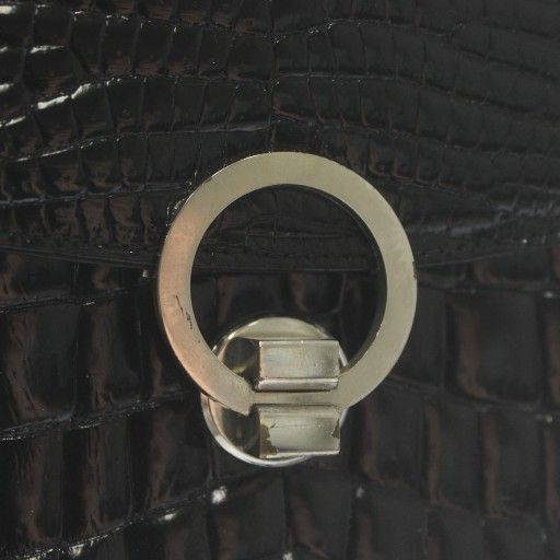 【中古】ノーブランド ハンドバッグ シャイニークロコレザー レザー 革 ワニ革 がま口 黒 ブラック /CK5 ■GY18 ノーブランド ハンドバッグ シャイニークロコ レザー シルバー金具 黒