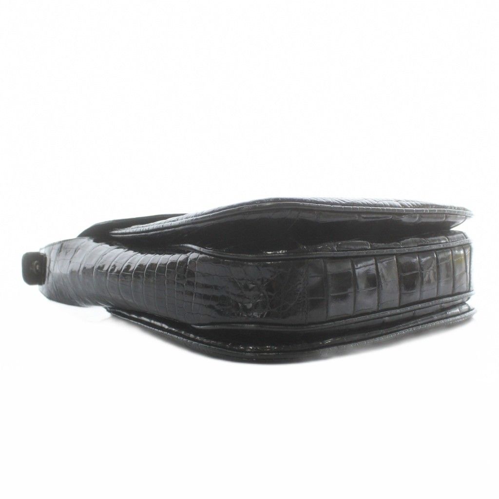 【中古】ノーブランド ハンドバッグ シャイニークロコレザー レザー 革 ワニ革 がま口 黒 ブラック /CK5 ■GY18 ノーブランド ハンドバッグ シャイニークロコ レザー シルバー金具 黒