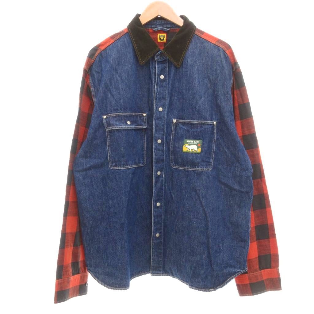 ヒューマンメイド HUMAN MADE Scout Shirt デニムパネル スカウトシャツ バッファローチェック柄 ロゴ刺繍 XXL インディゴブルー レッド |UO GY 18