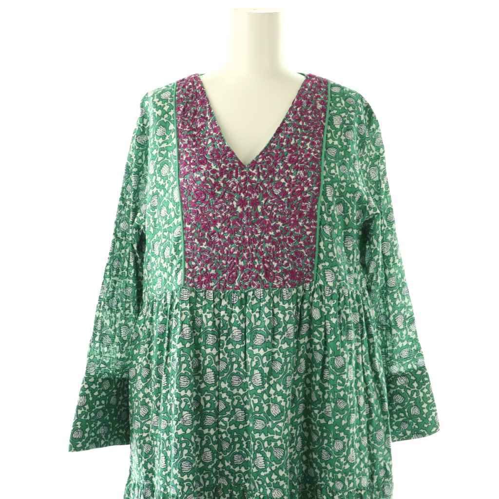 ne quittez pas ドビーチェックリーフプリントドレス M グリーン ヌキテパ NE QUITTEZ PAS! ドビーチェックリーフプリント ワンピース