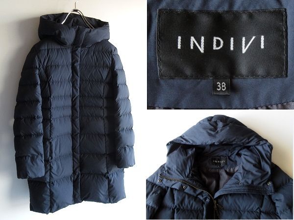 美品✨インディヴィ タフタ フーデット ダウンコート ロング ネイビー 38 美品✨インディヴィ タフタ フーデット ダウンコート ロング ネイビー