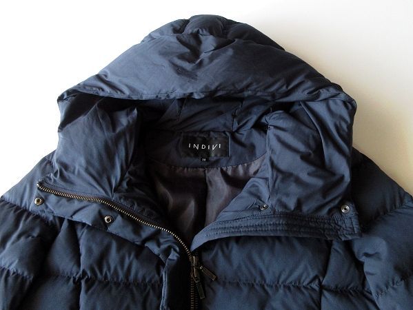 美品✨インディヴィ タフタ フーデット ダウンコート ロング ネイビー 38 美品✨インディヴィ タフタ フーデット ダウンコート ロング ネイビー