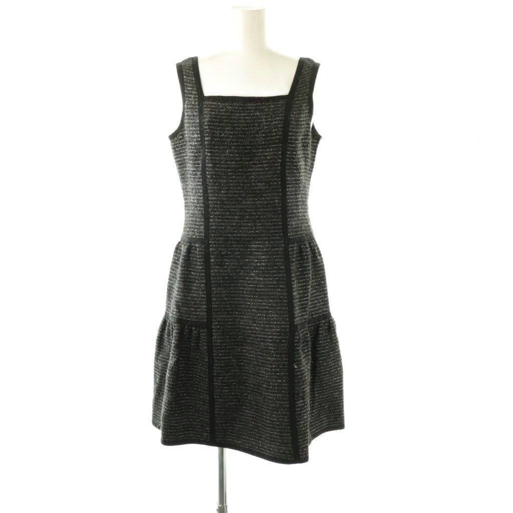 ルネ Rene TISSUE ツイードワンピース 膝丈 ノースリーブ 34 ブラック