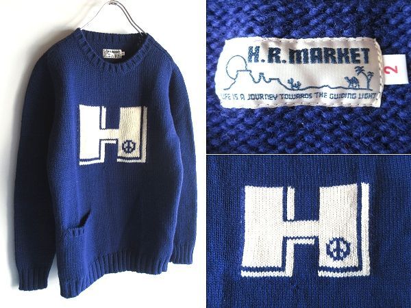 RANCH MARKET ハリウッドランチマーケット 片側ポケット ピースマーク|Hレタード Hロゴ ウール ニット セーター 2|M ブルー 青
