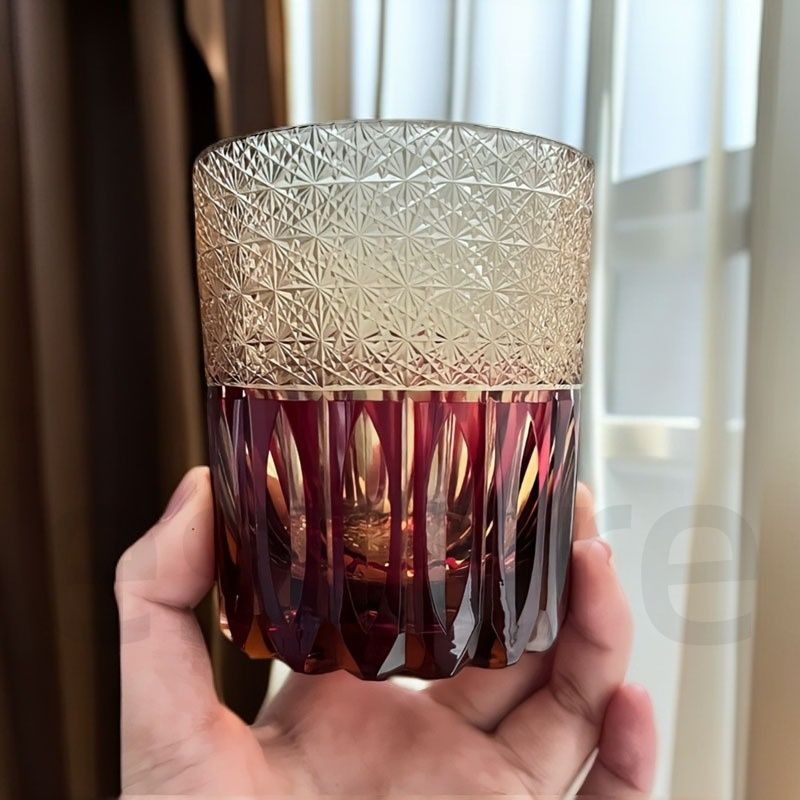 江戸切子 フォーショウ コップ グラデーション 手彫り 260 ml クリスタル ウィスキー タンブラー ギフト 木箱入り レトロ アンティーク 洋酒杯 フォーショウ琥珀レッド