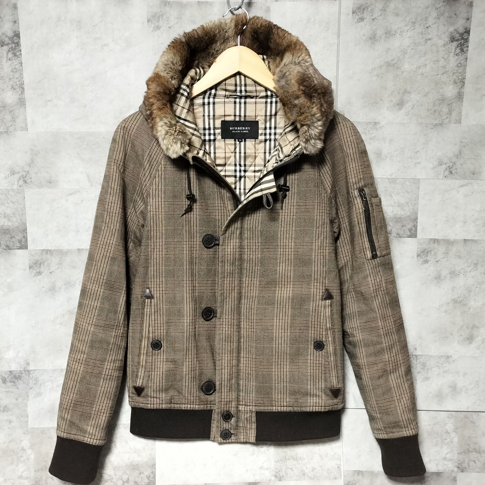 BLACK LABEL 2 way ラビットファー ダッフル チェックジャケット Мサイズ ノバチェック ベージュ ブラウン 綿 コットン ファー取外し ジップアップ ダブルファスナー