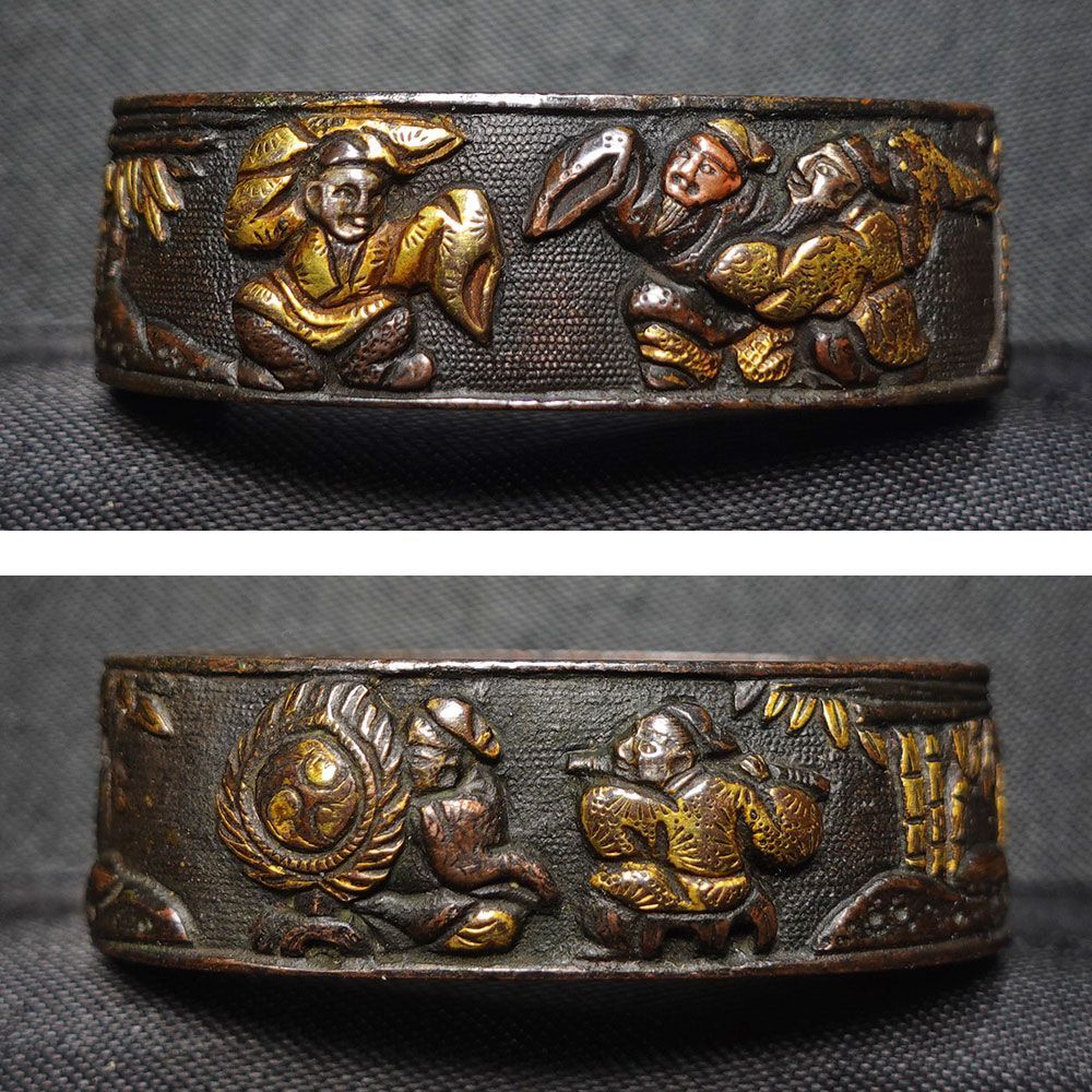 ☆細密金工 赤銅魚子地豊穣舞図縁頭 無銘 高肉彫 毛彫 色絵象嵌 田楽