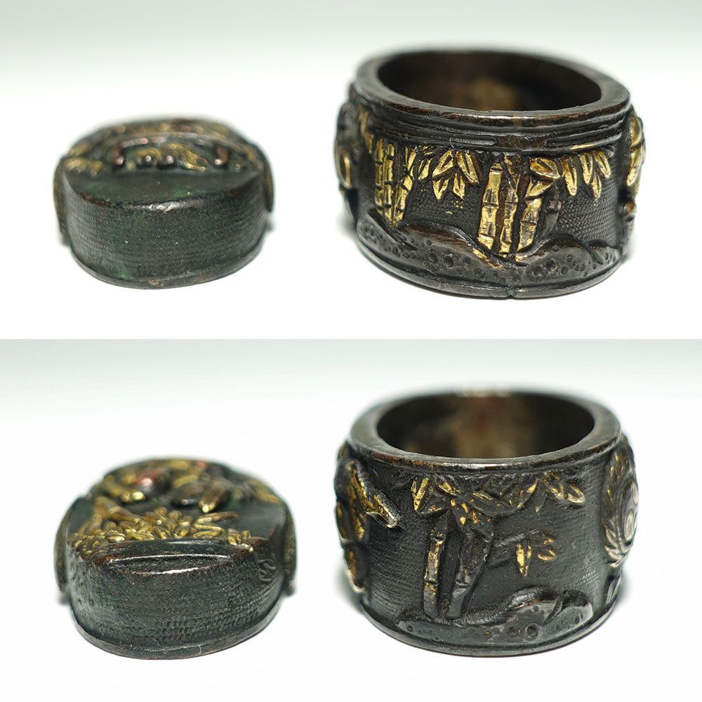 ☆細密金工 赤銅魚子地豊穣舞図縁頭 無銘 高肉彫 毛彫 色絵象嵌 田楽