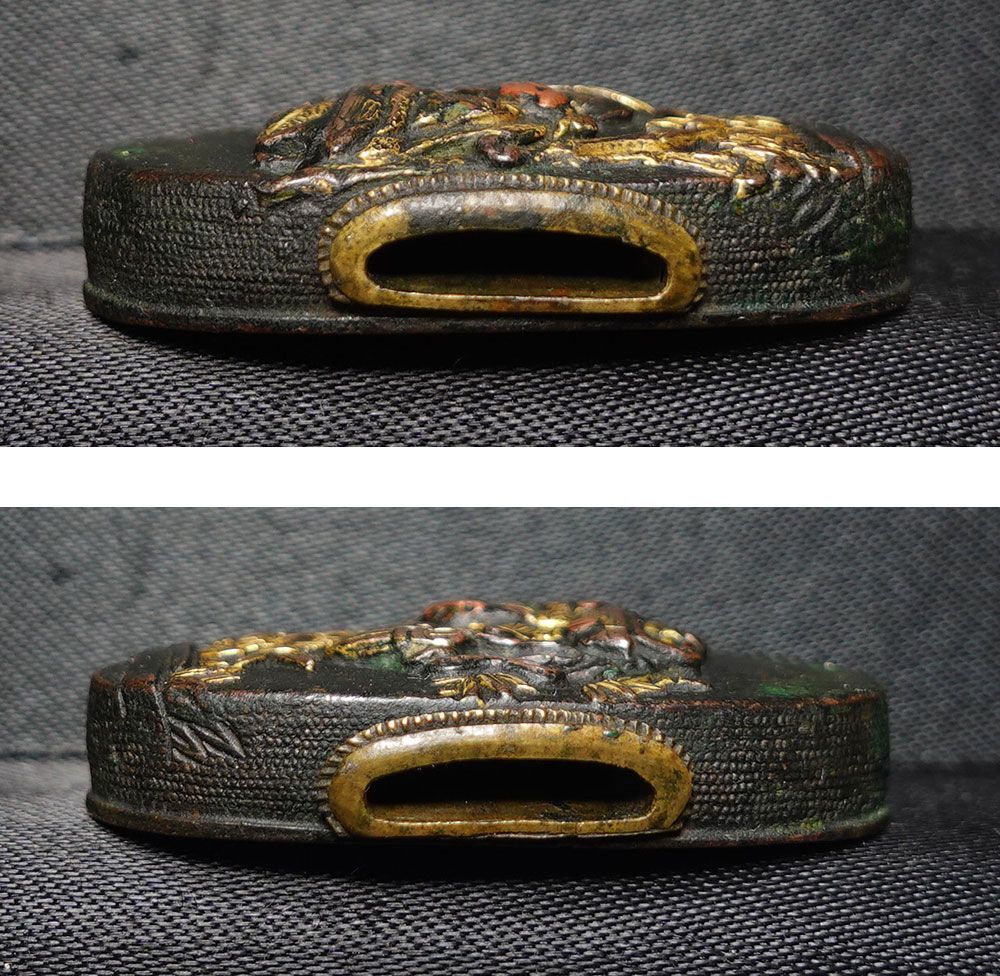 ☆細密金工 赤銅魚子地豊穣舞図縁頭 無銘 高肉彫 毛彫 色絵象嵌 田楽