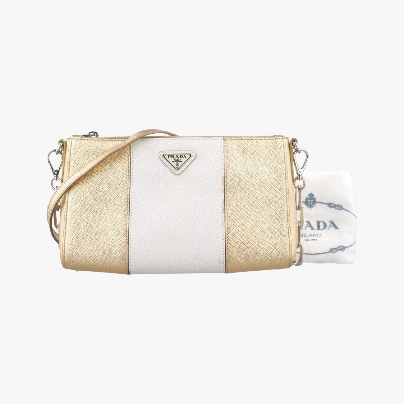 プラダPrada三角ロゴプレート ゴールド×ホワイト サフィアーノレザー