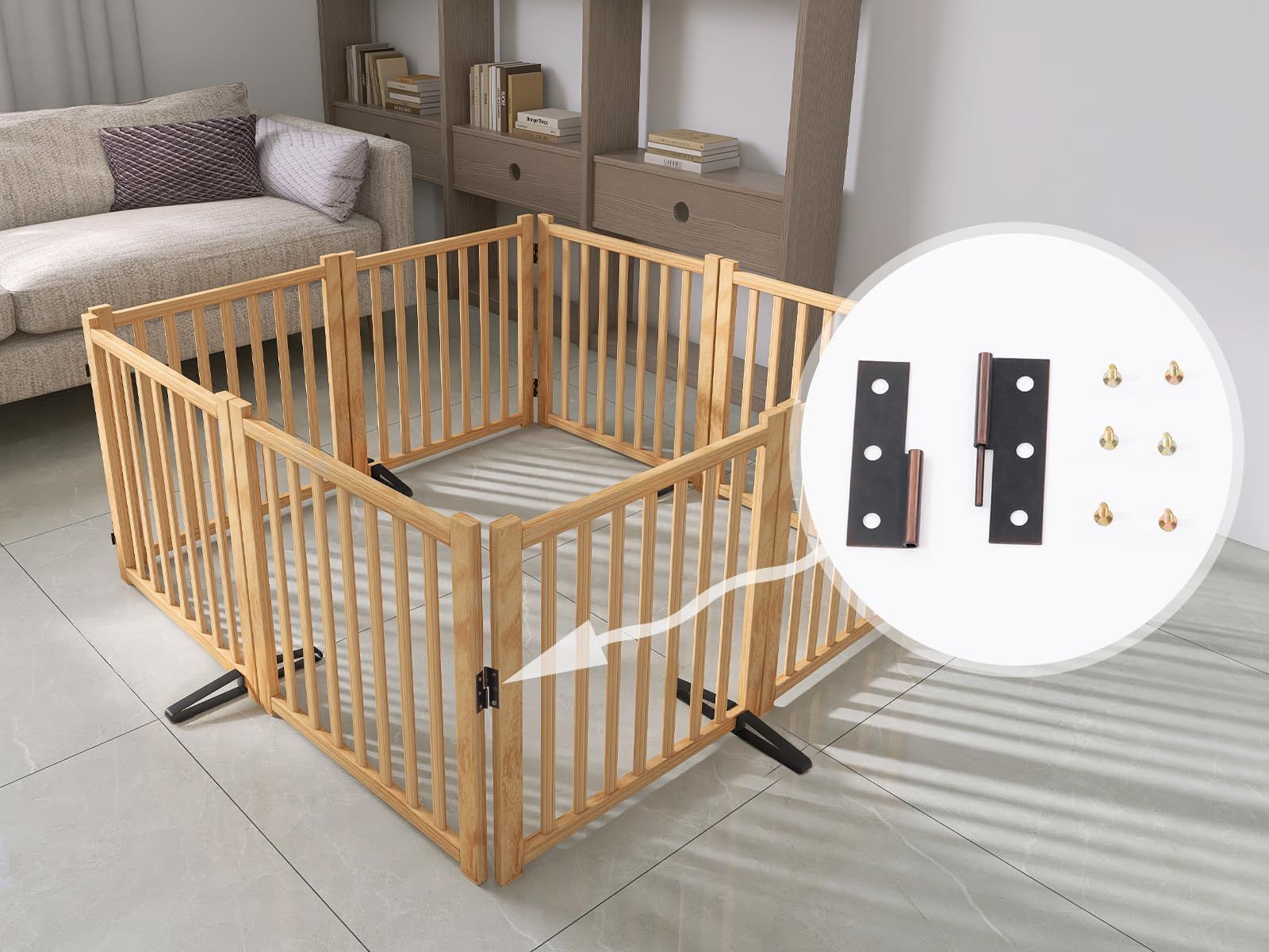 飛び出し防止 ガード 脱走防止 多頭飼い 中型犬 小型犬 安全柵 ペットガード 折り式バリア ペットフェンス 置くだけ 高さ58 cm 長さ458 8つのパネル ペットゲート 木製 犬フェンス