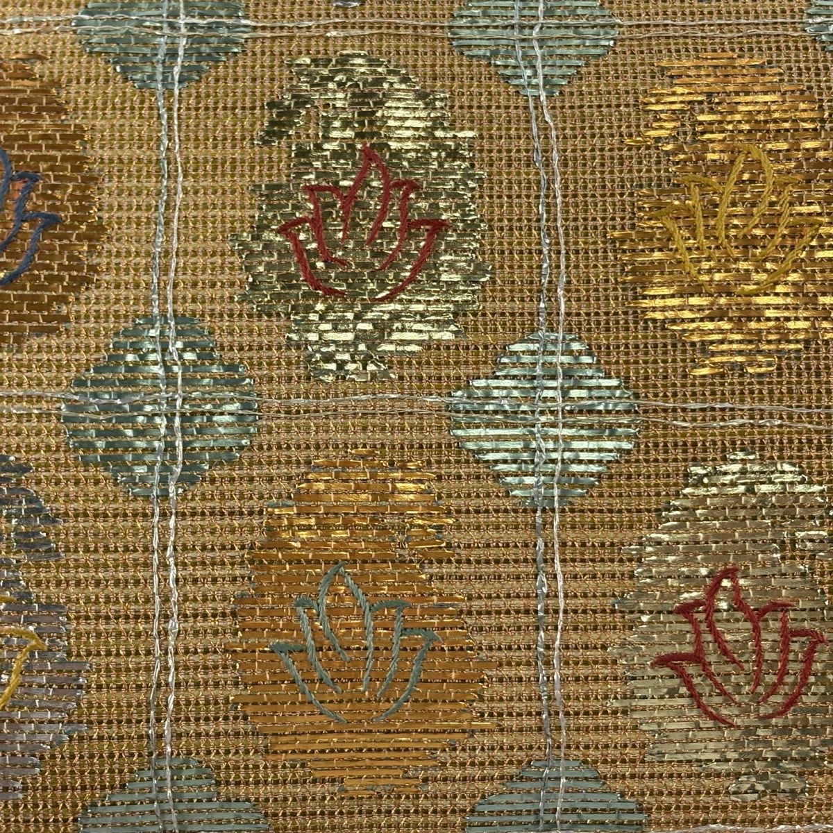 袋帯 秀品 草花 格子 箔 金色 お太鼓柄 正絹