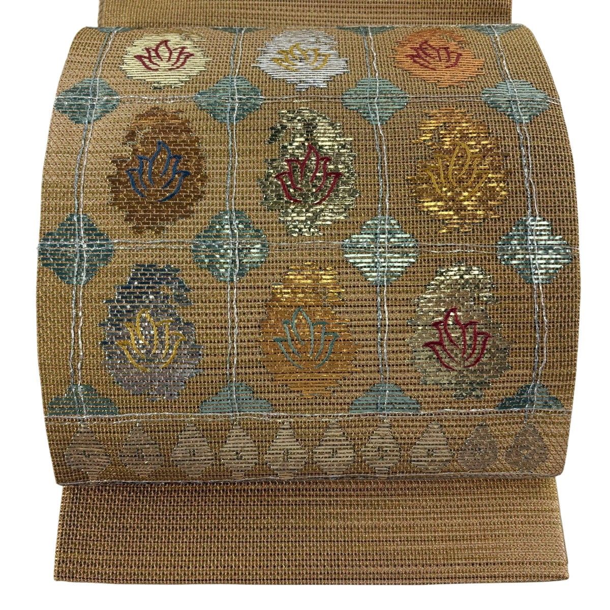 袋帯 秀品 草花 格子 箔 金色 お太鼓柄 正絹