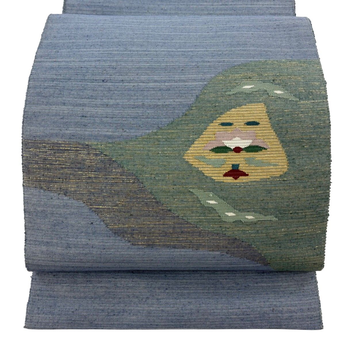 名古屋帯 秀品 八寸名古屋帯 紬地 草花 幾何学模様 箔 青灰色 正絹