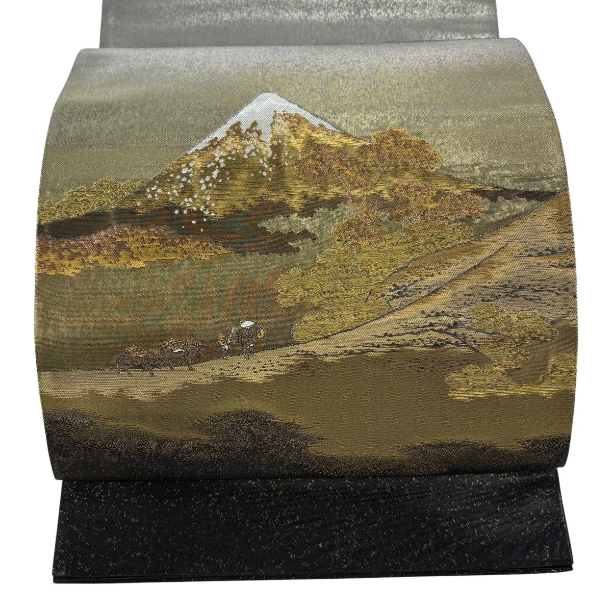 袋帯 秀品 じゅらく 落款 風景 人物 箔 黒 お太鼓柄 正絹