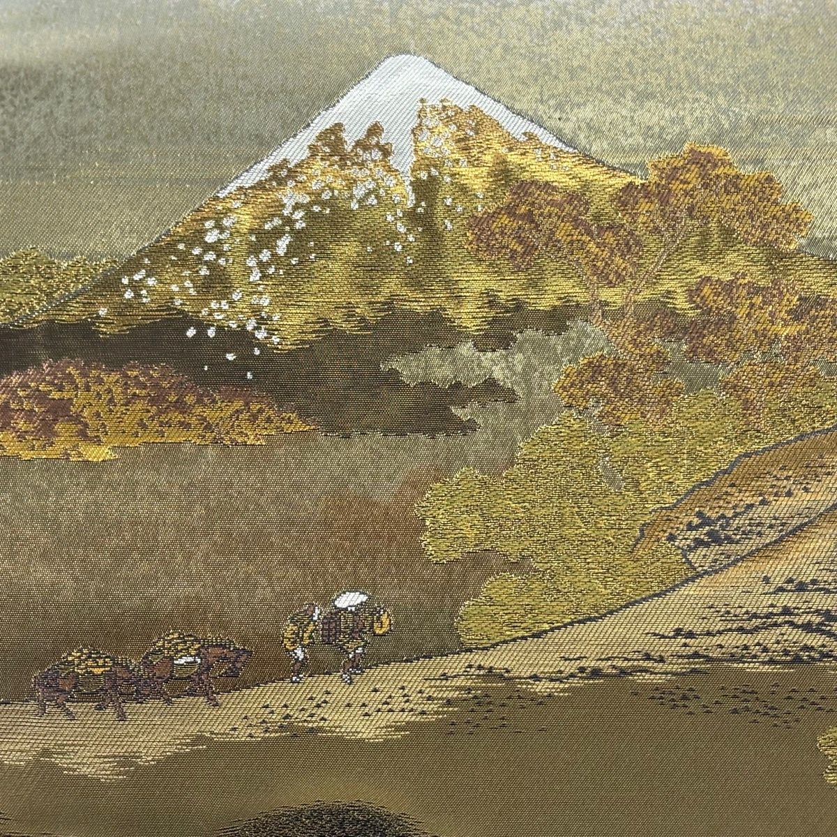 袋帯 秀品 じゅらく 落款 風景 人物 箔 黒 お太鼓柄 正絹