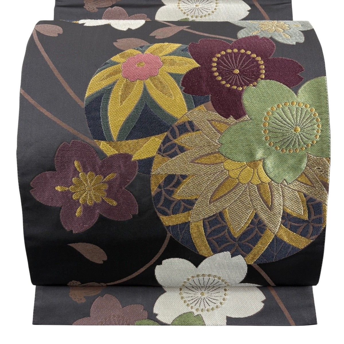 袋帯 秀品 桜 鞠 金糸 黒灰 六通 正絹 【中古】 - メルカリ