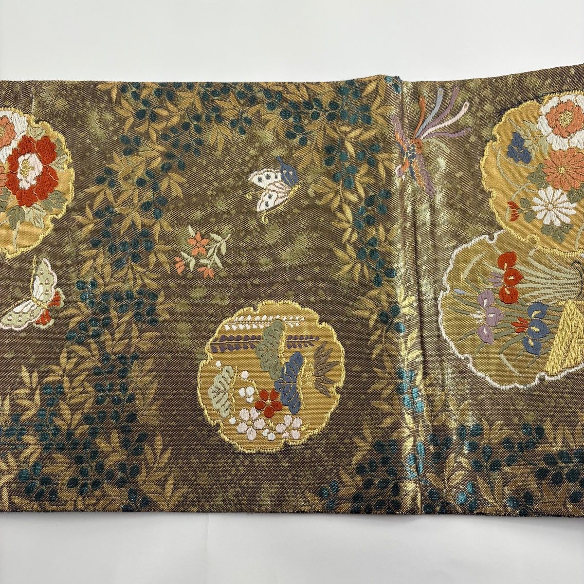 袋帯 秀品 関西仕立て 雪輪 花鳥 金銀糸 箔 金茶 六通 正絹 【中古
