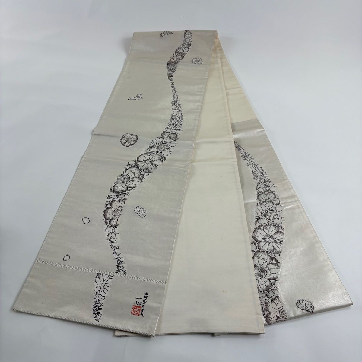 袋帯 秀品 落款 大脇一心監修 関西仕立て 辻が花柄 箔 灰白 六通 正絹