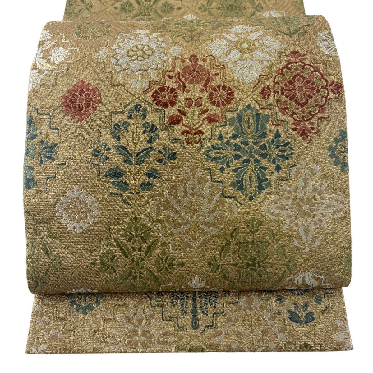 美品】 袋帯 秀品 花井幸子 落款 華文 草花 刺繍 金糸 金色 六通 正絹