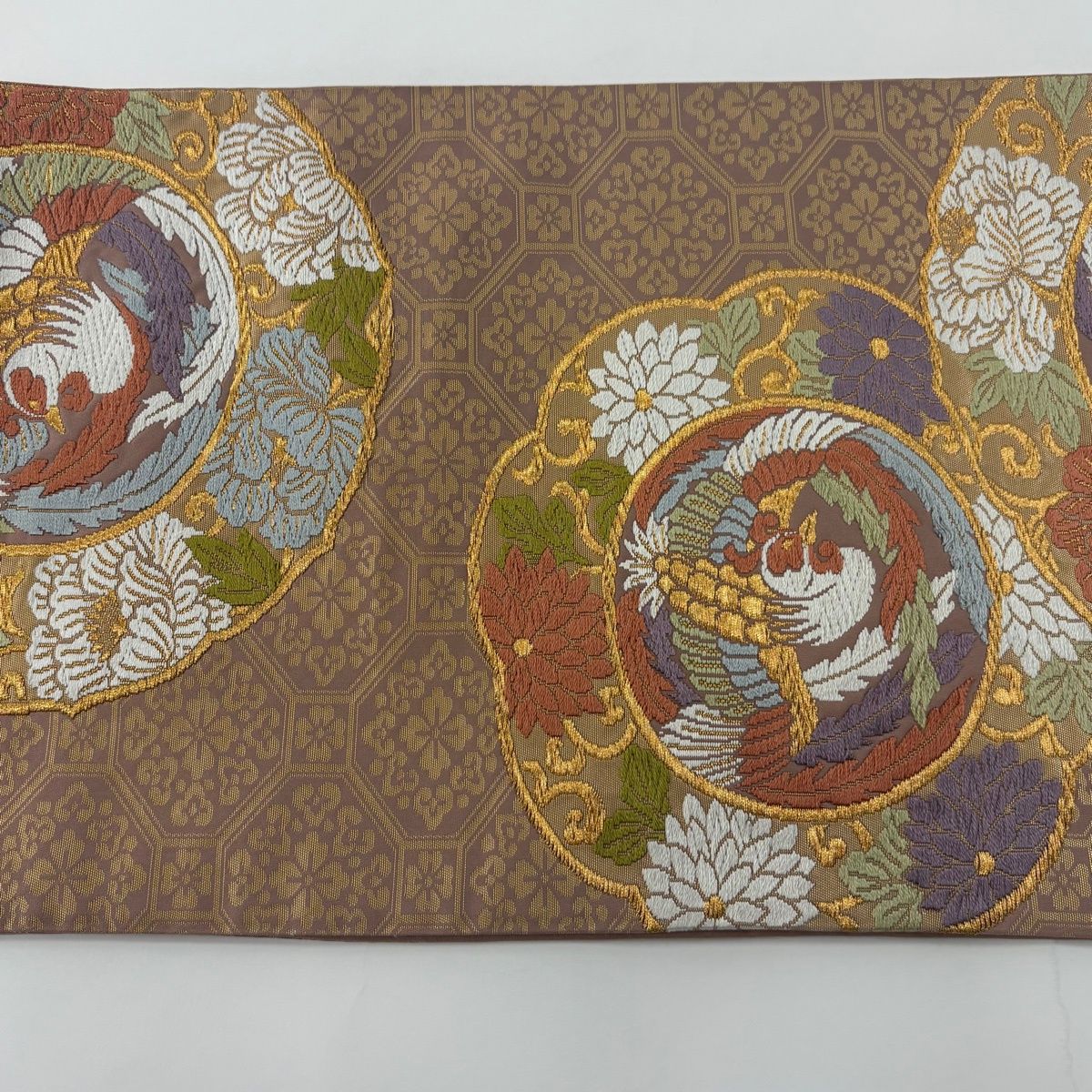 袋帯 秀品 関西仕立て 鳳凰 花唐草 刺繍 金糸 灰紫 六通 正絹 【中古 