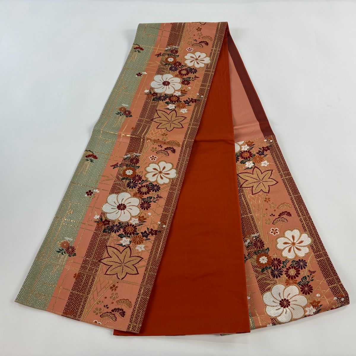 美品】 袋帯 秀品 関西仕立て 草花 桧垣 唐織 金銀糸 サーモンピンク