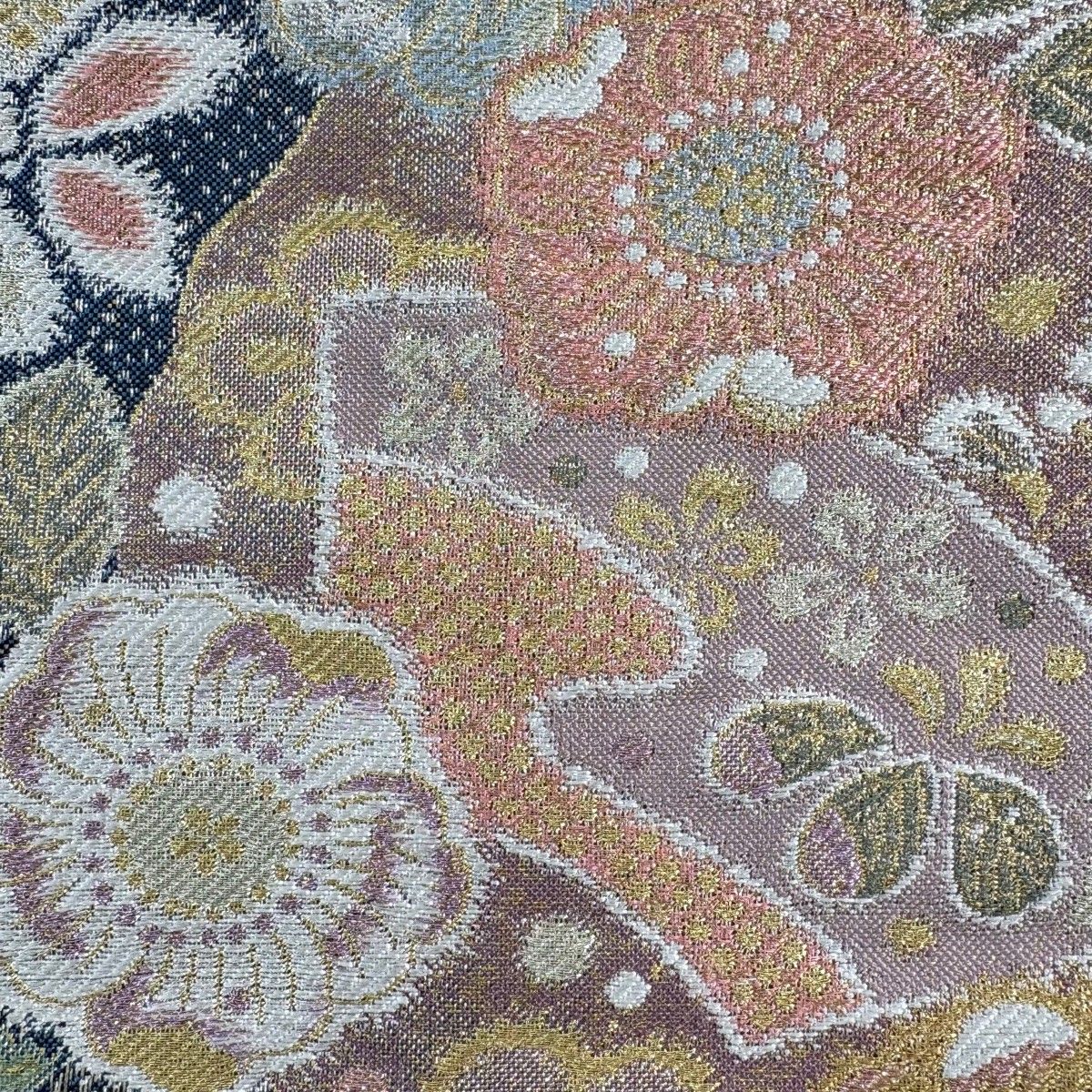 美品】 袋帯 秀品 扇面 辻が花柄 金銀糸 紺色 六通 正絹 【中古