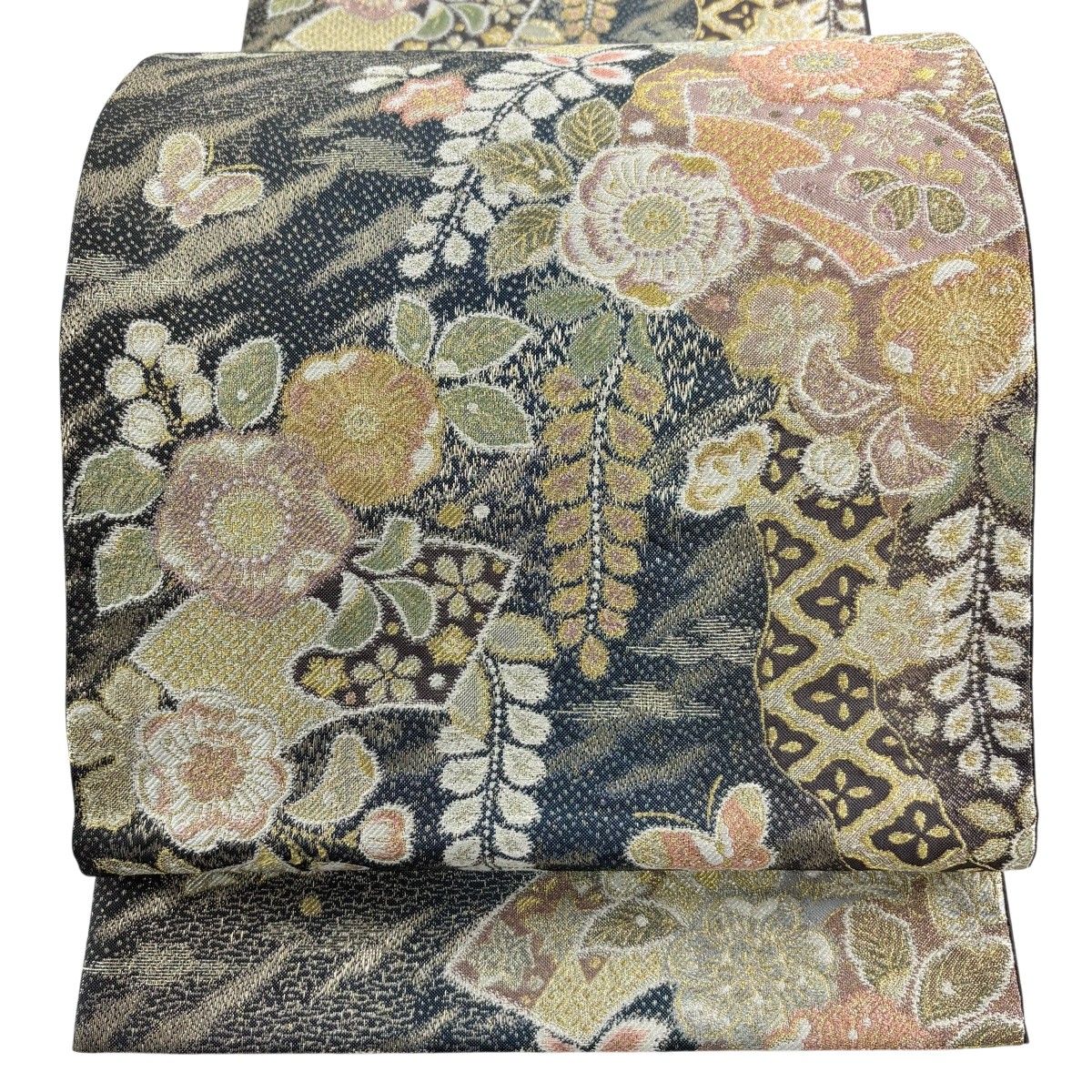 美品】 袋帯 秀品 扇面 辻が花柄 金銀糸 紺色 六通 正絹 【中古