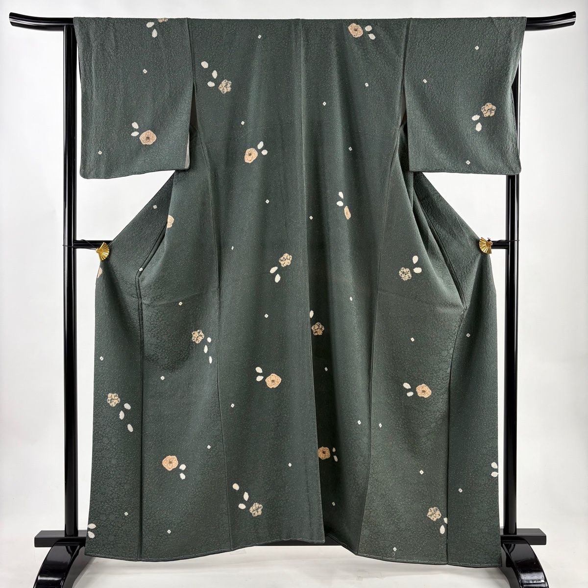 小紋 身丈161.5cm 裄丈66cm M 袷 椿 桜 金通し 絞り 深緑 正絹 秀品