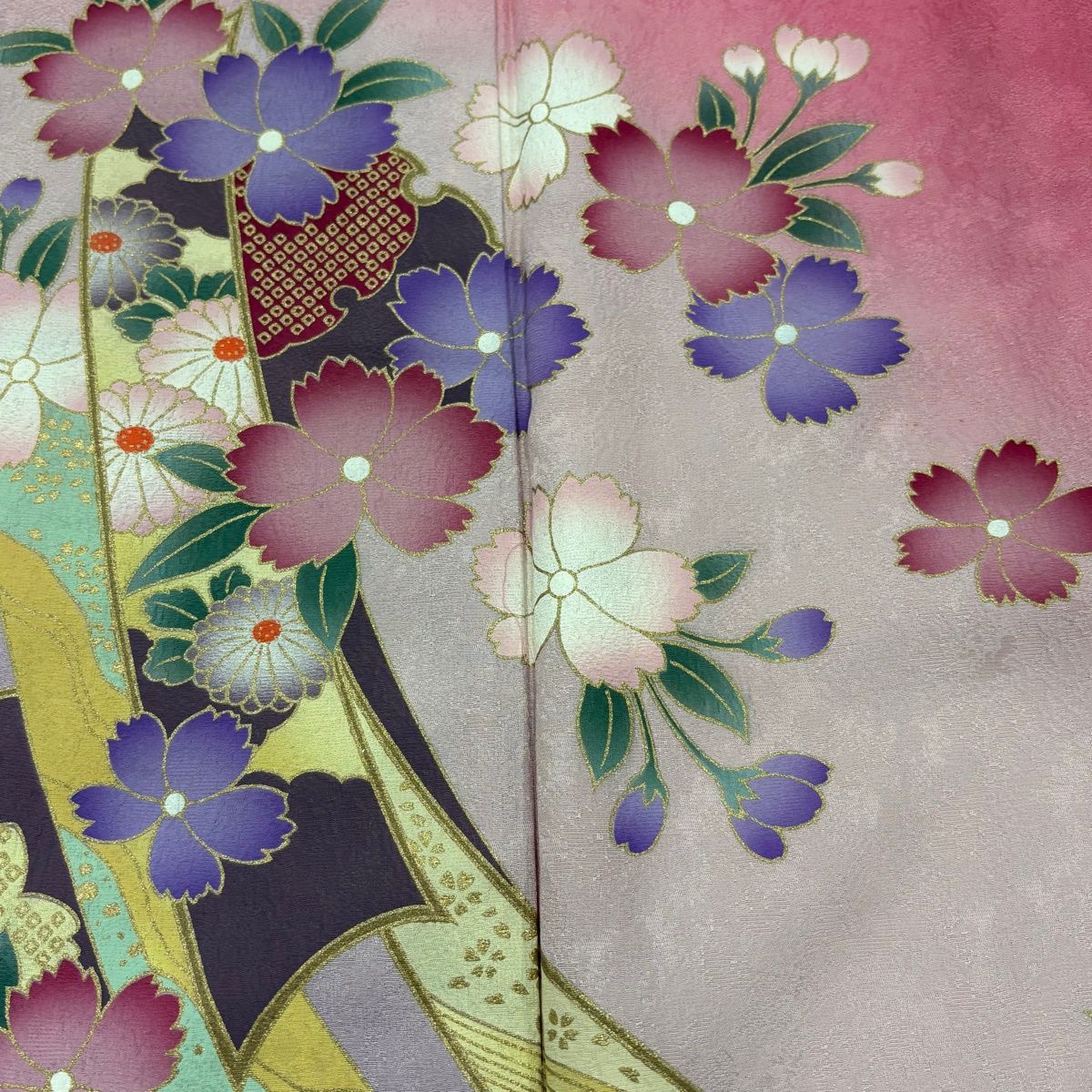 美品】 振袖 身丈168.5cm 裄丈69cm L 袷 桜 雪輪 金彩 染め分け ピンク