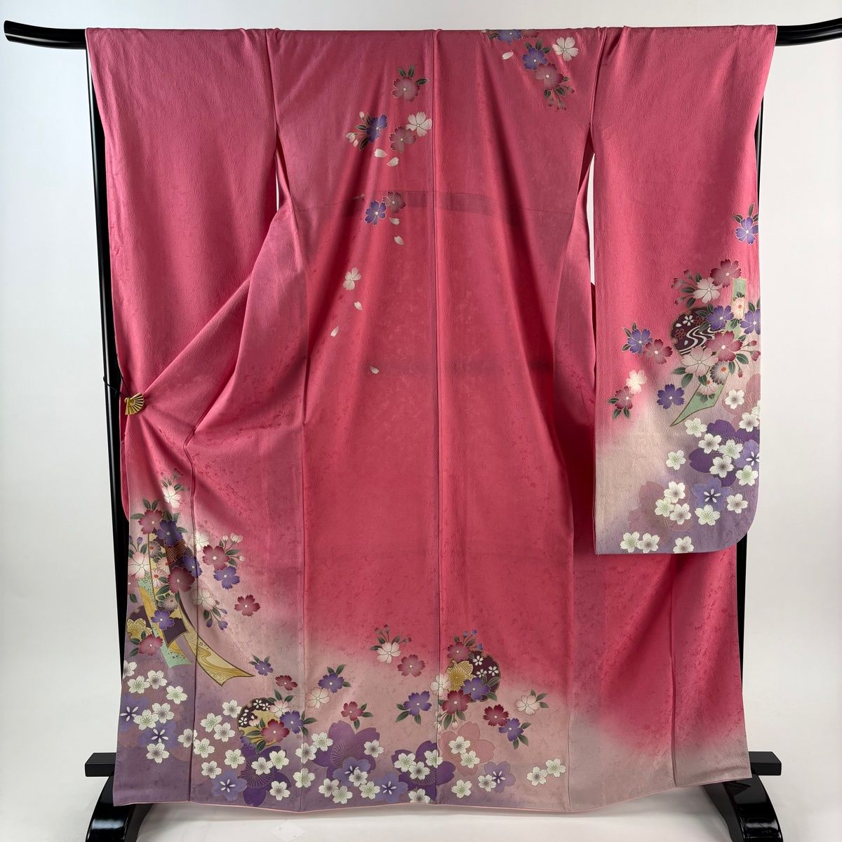 美品】 振袖 身丈168.5cm 裄丈69cm L 袷 桜 雪輪 金彩 染め分け ピンク