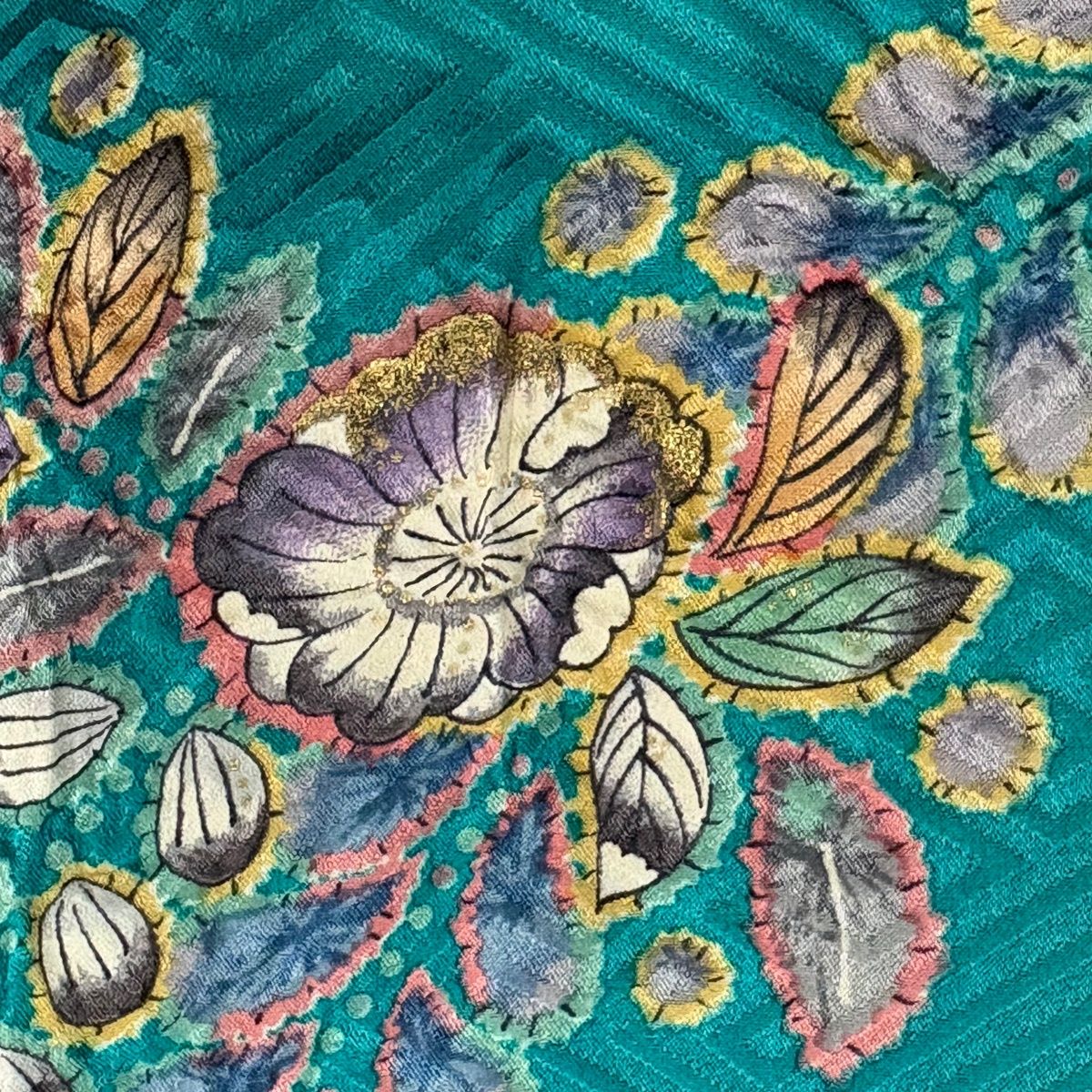 振袖 身丈160cm 裄丈67cm M 袷 草花 流水 金彩 絞り 青緑 正絹 秀品