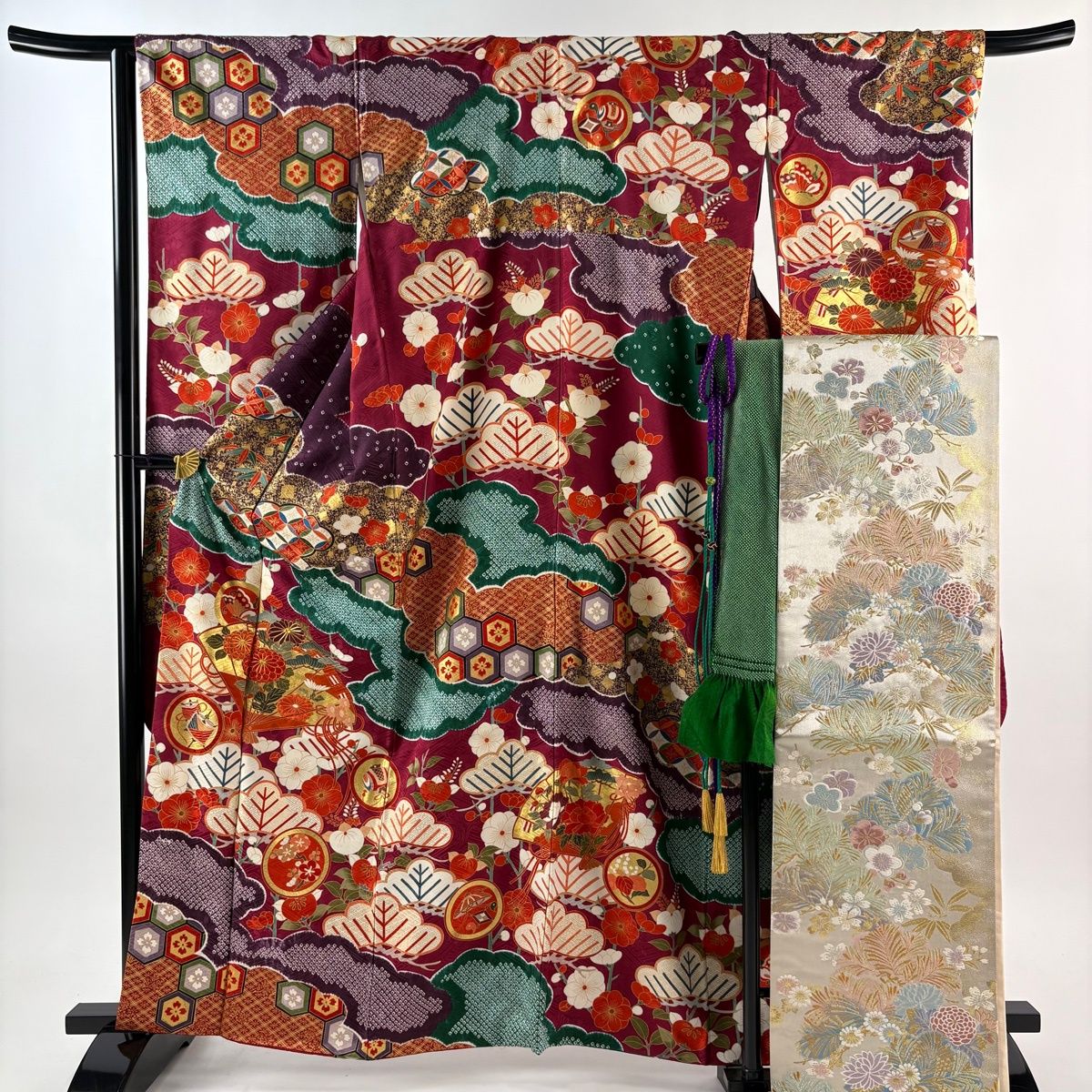振袖 身丈161cm 裄丈67cm M 袷 袋帯フルセット 桧扇 菊 刺繍 金彩 赤紫