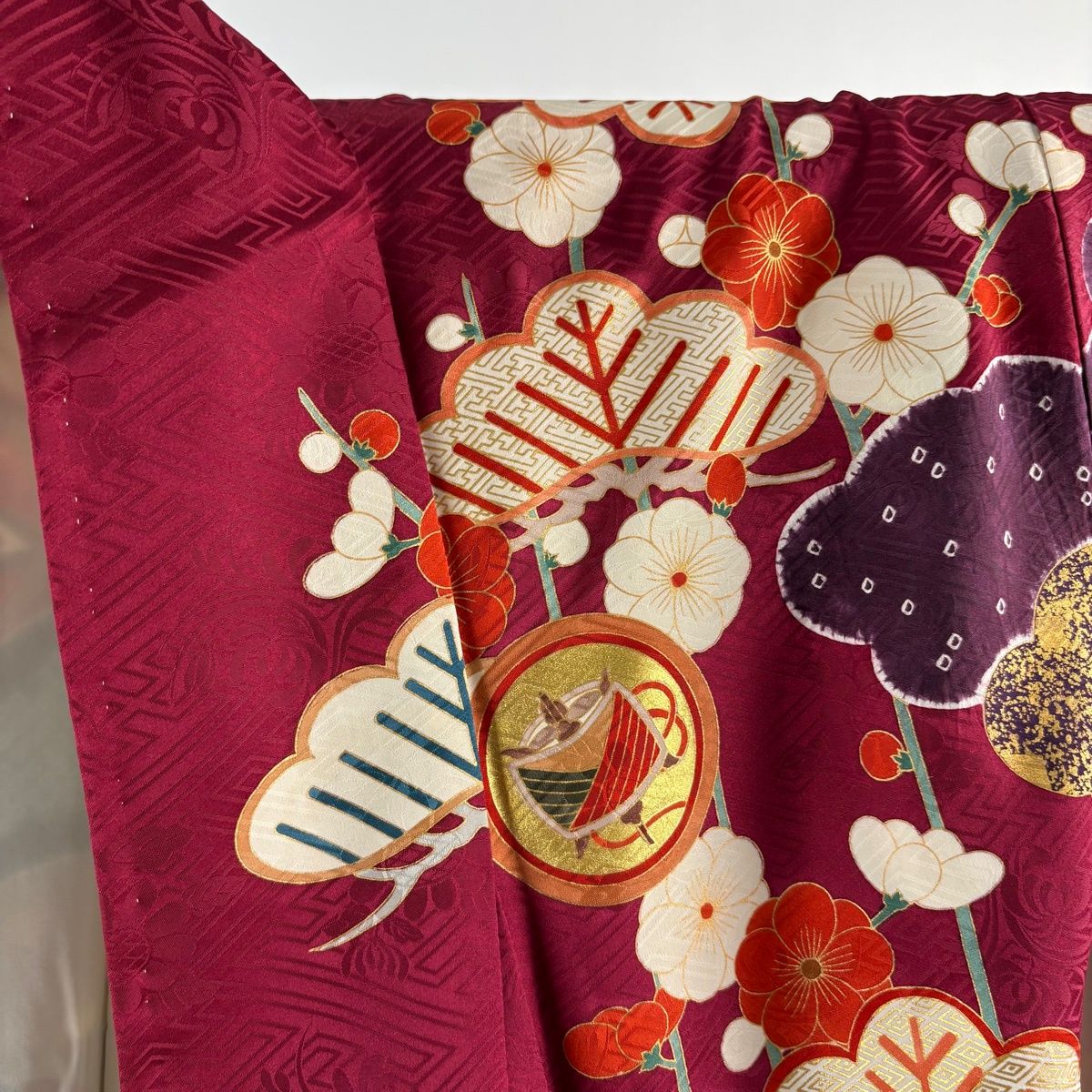 振袖 身丈161cm 裄丈67cm M 袷 袋帯フルセット 桧扇 菊 刺繍 金彩 赤紫