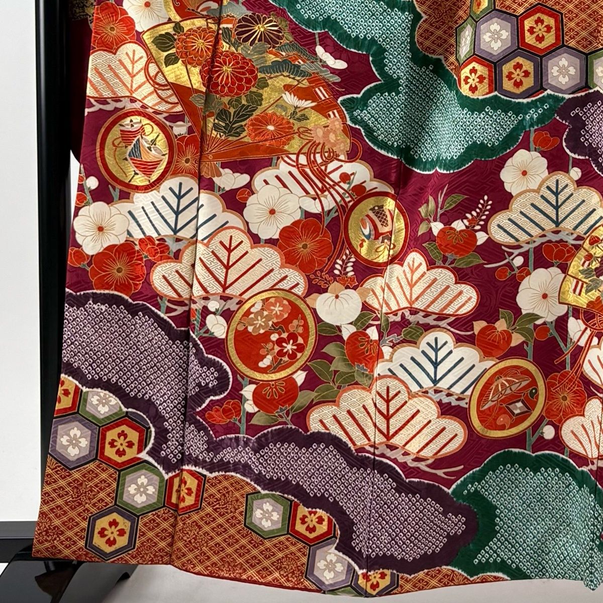 振袖 身丈161cm 裄丈67cm M 袷 袋帯フルセット 桧扇 菊 刺繍 金彩 赤紫