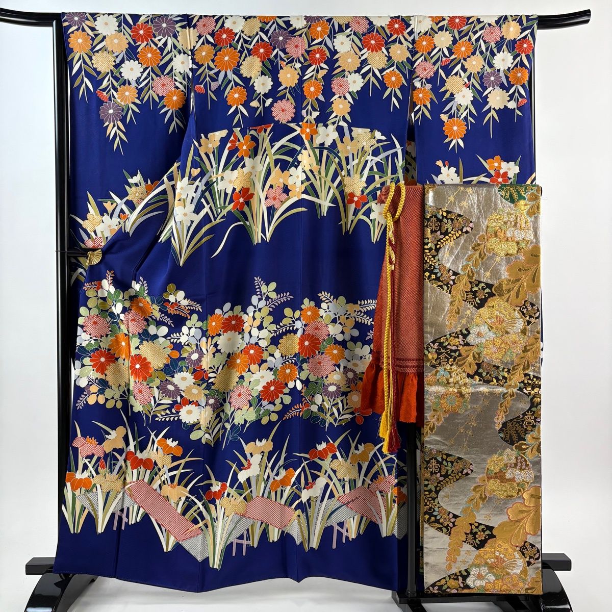 ❤️振袖　着丈174cm 袖丈69cm M〜Ｌ 袋帯　6点フルセット　正絹 振袖 身丈161cm 裄丈66.5cm M 袷 袋帯フルセット 菊 八ツ橋 刺繍 青紫