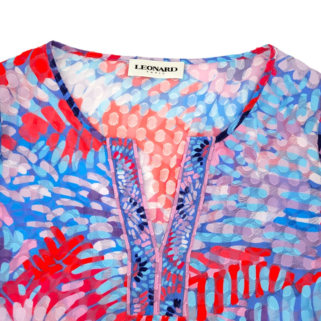 美品】LEONARD PARIS レオナール 総柄ワンピース 前開き 透け感あり