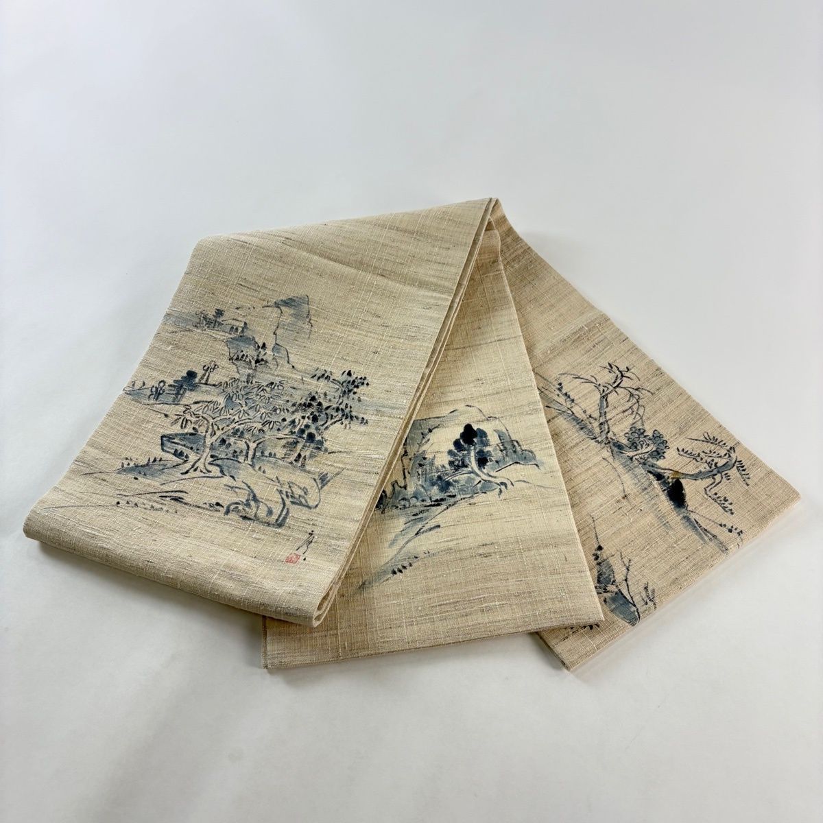 袋帯 名品 落款 紬地 風景 樹木 ベージュ お太鼓柄 正絹 【中古