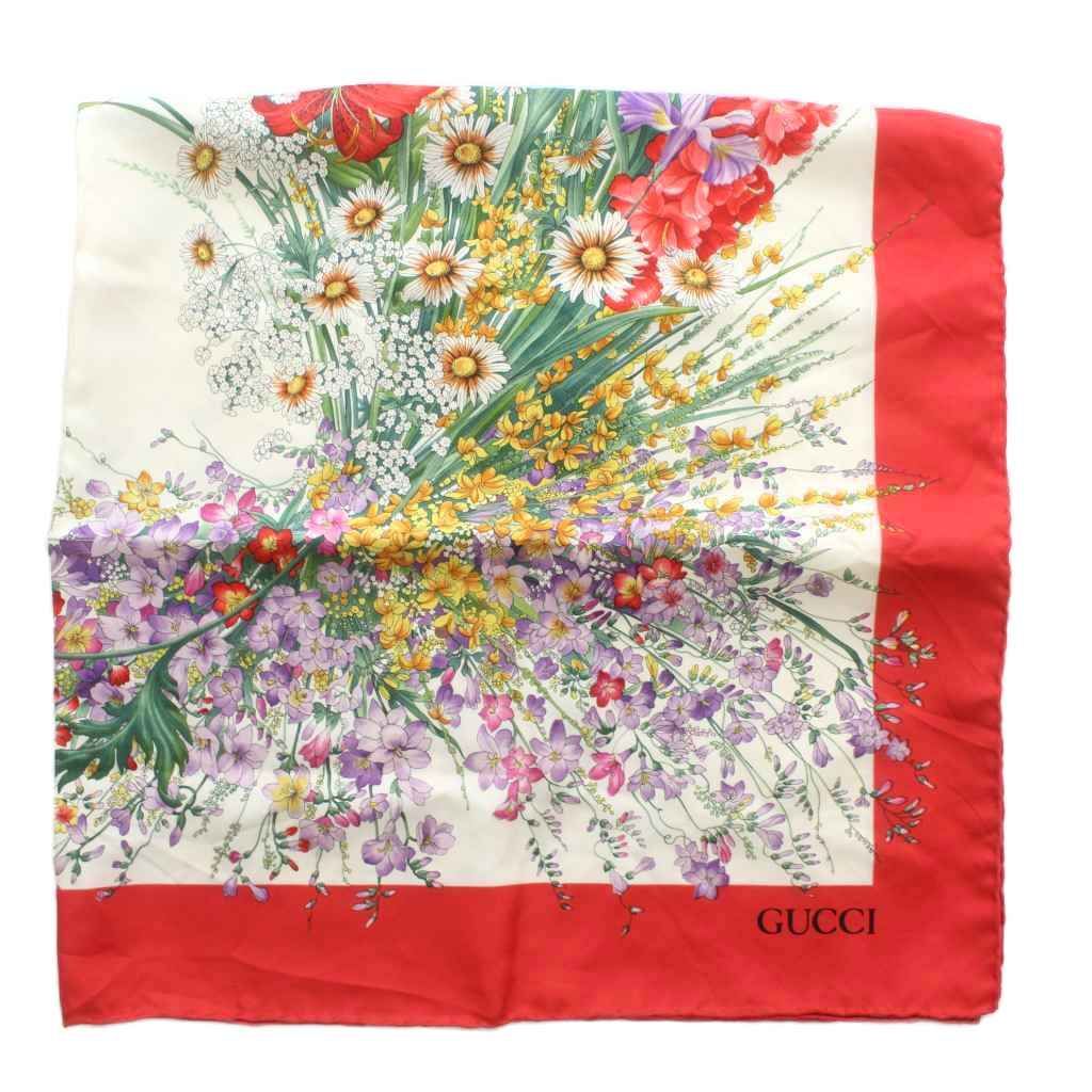 グッチ GUCCI スカーフ 大判 絹 シルク 花柄 フローラル ロゴ 総柄 赤