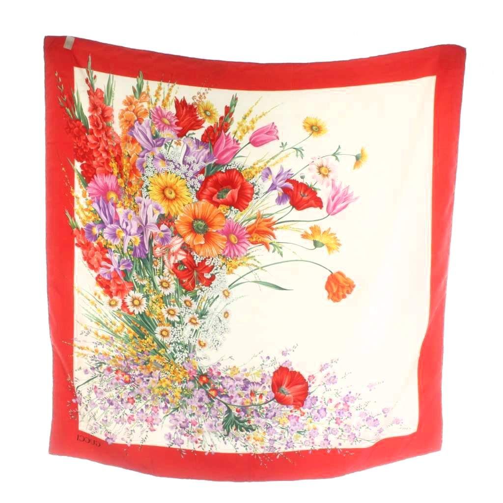 グッチ GUCCI スカーフ 大判 絹 シルク 花柄 フローラル ロゴ 総柄 赤