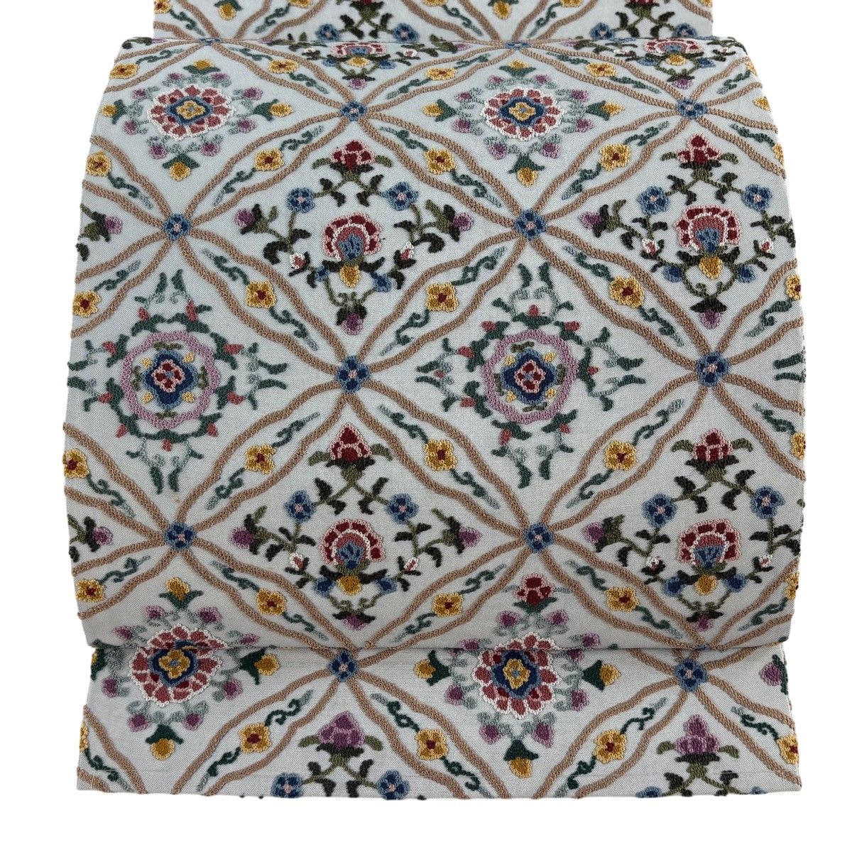 美品】 袋帯 逸品 七宝 草花 相良刺繍 青灰色 六通 正絹 【】 【公式通販】